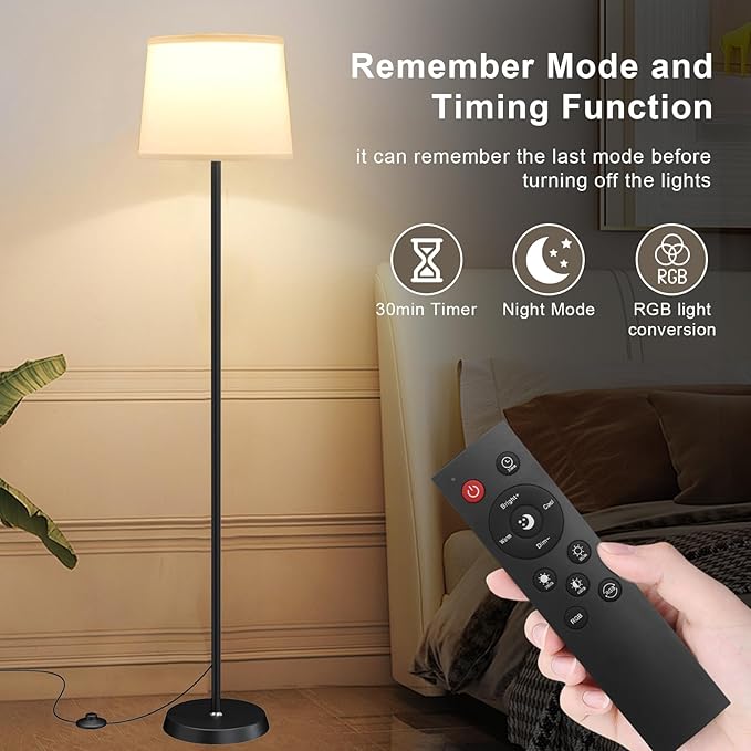 Floor Lamp for Living Room Bedroom,Modern Floor Lamp with Remote, Simple Design with White Shade,Foot Pedal Switch,Dimmable Colors Temperature,9W RGB LED Bulb-Ruum Studio Home