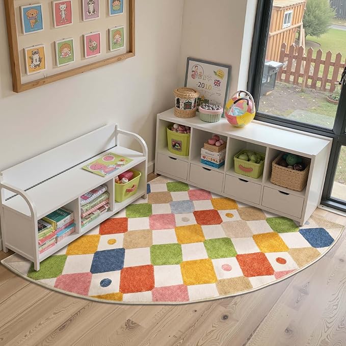 jinchan Kids Rug for Nursery 5ft Radius Corner Washable Area Rug Modern Colorful Quarter Circle Rug Soft Non-Slip Carpet for Bedroom Playroom Daycare Reading Nook Kitchen Classroom Circus on Cream-Ruum Studio Home