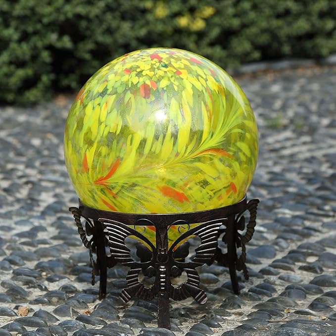 Gazing Ball 10 inch Colorful Glass Gazing Ball for Garden Decor, Indoor Outdoor Glass Gazing Globe Yard Decoration, Yellow-Ruum Studio Home