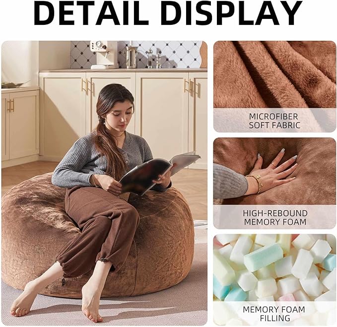 Bean Bag Chair 3Ft, Memory Foam Filled, Large Beanbag Chairs for Adults and Teens, Soft Sofa with Removable Flannel Cover, Round Couch for Living Room Bedroom College Dorm (Coffee, 3FT-36×36"×24")-Ruum Studio Home