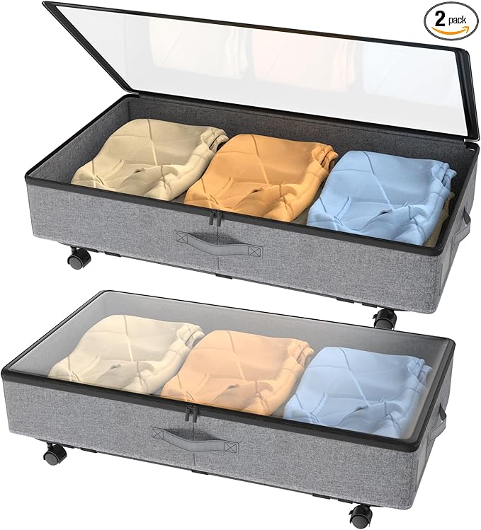 IUI Under Bed Storage with Wheels, 50L Capacity Under Bed Storage Containers, Under Bed Clothes Storage Containers with Clear Lid, Under Bed Storage Bins for Clothes,Shoes,Books,Toys,Gray,2 Pack-Ruum Studio Home