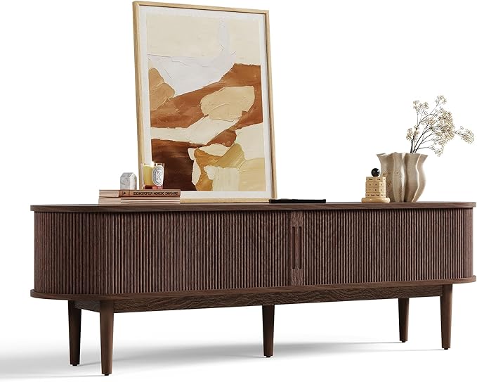 LINSY HOME Fluted TV Stand for 75" TV, Mid-Century Modern 70" Entertainment Center with Sliding Tambour Door and Storage Cabinet, Cruved TV Media Console Table for Living Room, Bedroom, Walnut-Ruum Studio Home