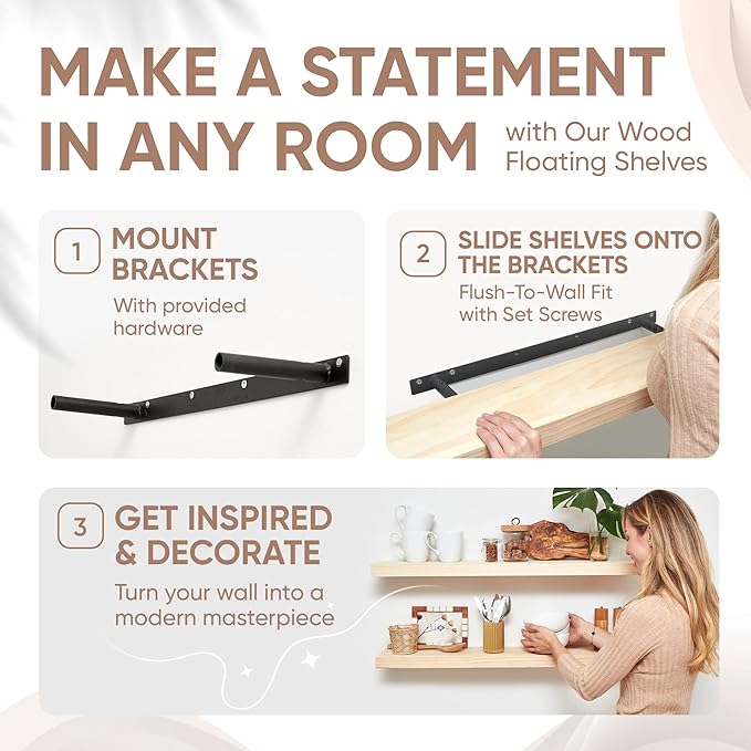 Homeforia 30 inch Wood Floating Shelves, High End Solid Natural Wood 30inch Floating Shelf for Wall, Unfinished Wooden 30 inches Floating Shelves, Heavy Duty Bracket, 30 X 6.5 X 1.75 in, Set of 2-Ruum Studio Home