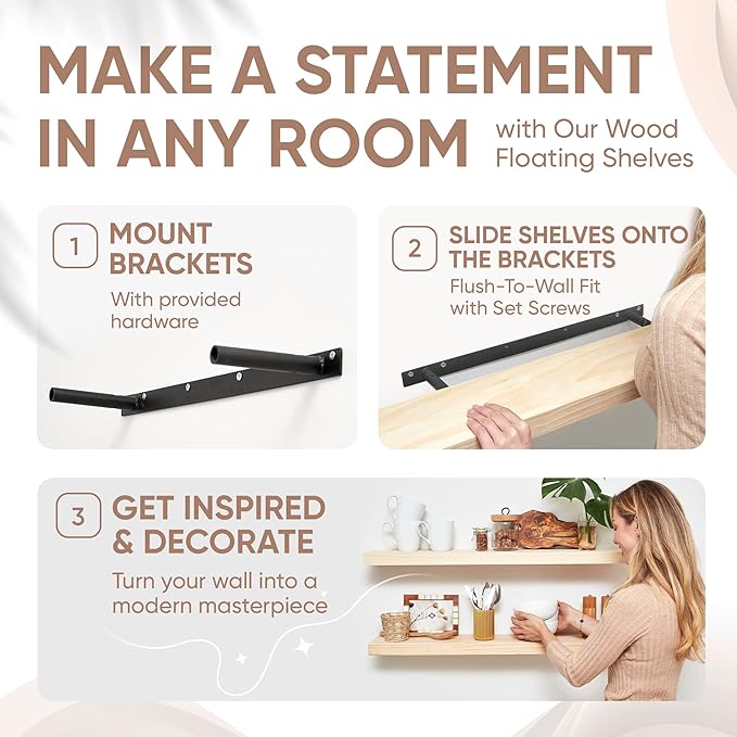 Homeforia 36 inch Wood Floating Shelves, High End Solid Natural Wood 36inch Large Floating Shelf Bathroom, Unfinished Wooden Floating Shelves for Wall, Heavy Duty Bracket, 36 X 6.5 X 1.75 in, Set of 2-Ruum Studio Home