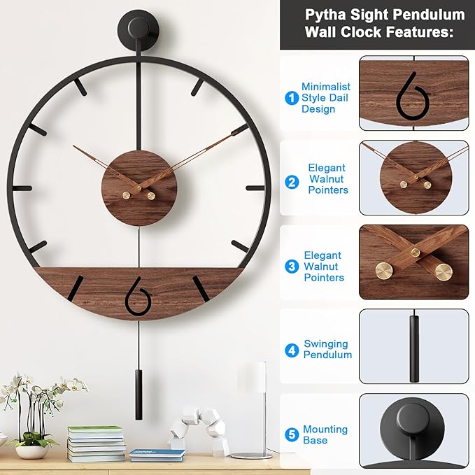 30.7×20 Inch Large Modern Decorative Pendulum Wall Clock,Big Metal Farmhouse Oversized Silent Wall Clocks Minimalist Elegant Walnut Dial Pointers for Living Room,Office,Dining Room Decor-Ruum Studio Home