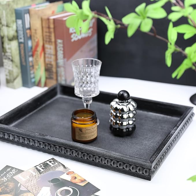 Rectangle Wood Serving Tray with Beads, Black Washed Wooden Decorative Tray for Entertaining, Decoration, and Gifting-Ruum Studio Home