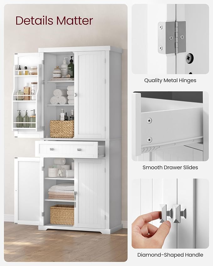 VASAGLE Pantry Cabinet, 71.7-Inch High Freestanding Tall Cupboard Storage Cabinet with a Drawer, 2 Cabinets, 4 Adjustable Shelves, 6 Door Shelves, for Living Room, Kitchen, White UBBC561P31V2-Ruum Studio Home