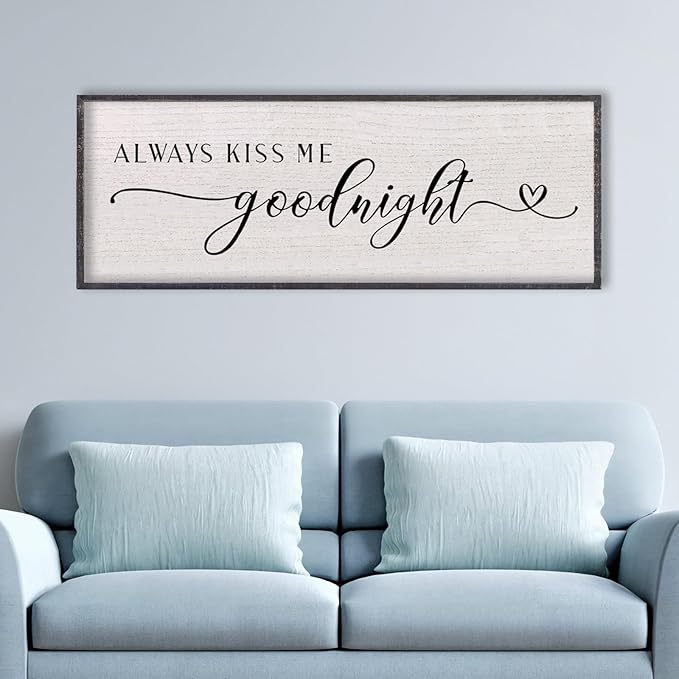 LuZhiQiang Above Bed Love Theme Wall Decor Always Kiss Me Goodnight Sign 40"×15" Wood Framed for Master Bedroom Over Bed Wall Art (Black)-Ruum Studio Home