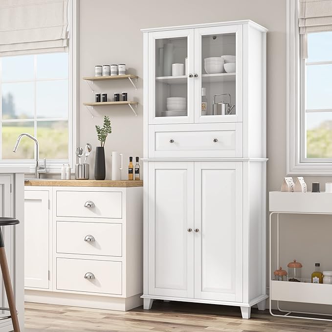 76'' Kitchen Pantry Storage Cabinet, Freestanding Kitchen Cupboard with Large Drawer, Doors, and Adjustable Shelves, Bathroom Storage Cabinet for Dining Room, Living Room, Laundry, White-Ruum Studio Home