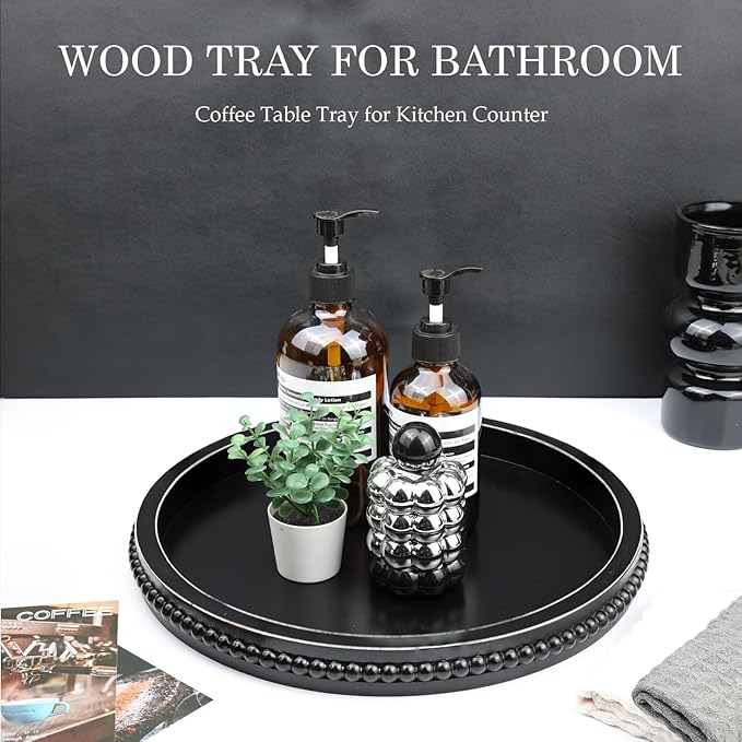 Round Black Wood Serving Tray with Beads, Wooden Decorative Tray for Entertaining, Decoration, and Gifting,-Ruum Studio Home