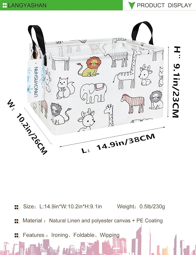 LANGYASHAN Rectangular Storage Bin Collapse Canvas Fabric Cartoon Storage Basket with Handles for Organizing Home Kitchen Boys and Girls Toys Office Closet Shelf Baskets (Rec Simplified Zoo)-Ruum Studio Home