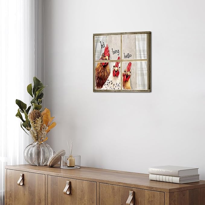 Visual Art Decor Funny Rooster Wall Art Chicken Picture Rustic Farmhouse Front Door Welcome Sign Framed 12x12 inch, Rustic Brown-Ruum Studio Home