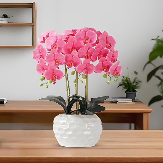 Orchid Artificial Flowers with White Vase Large Silk Faux Phalaenopsis Flowers for Dining Room Table Floral Centerpieces Indoor Decoration,Fuchsia-Ruum Studio Home