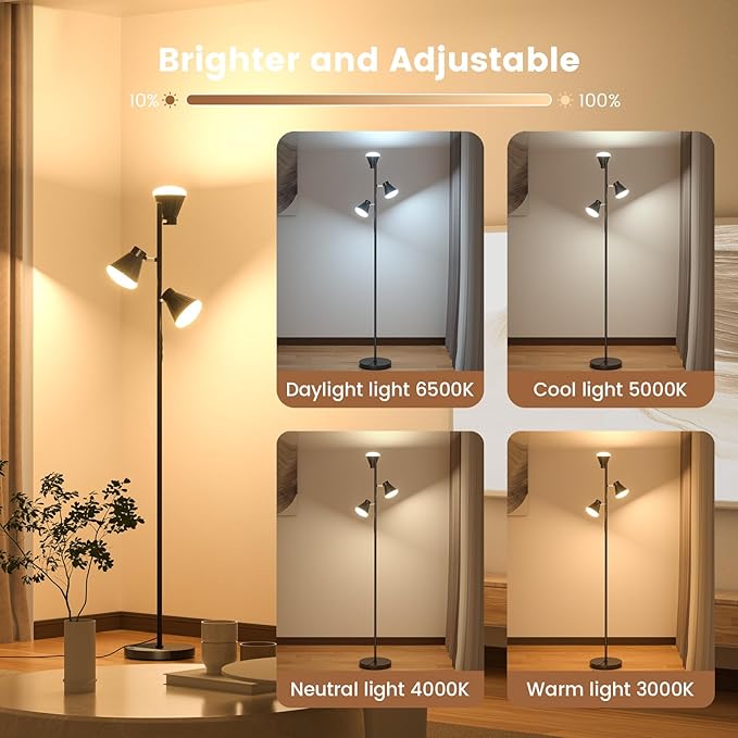 36W LED Tree Floor Lamp, Dimmable Tall Standing Lamp with Remote & Touch Control, 4 Color Temperatures Bright Floor Lamp, 3 Rotatable Light Modern Floor Lamps for Living Room Bedroom Office-Ruum Studio Home