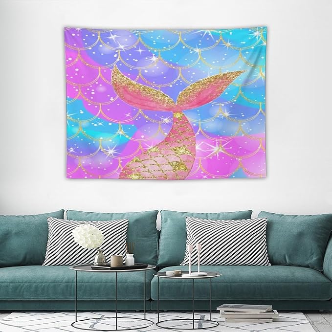 HZOHNAGO Mermaid Scales Tapestry Colorful Shiny Scales Mermaid Tail Pattern Printed Wall Tapestry Wall Hanging for Bedroom Living Room Dorm 40" W x 30" H-Ruum Studio Home