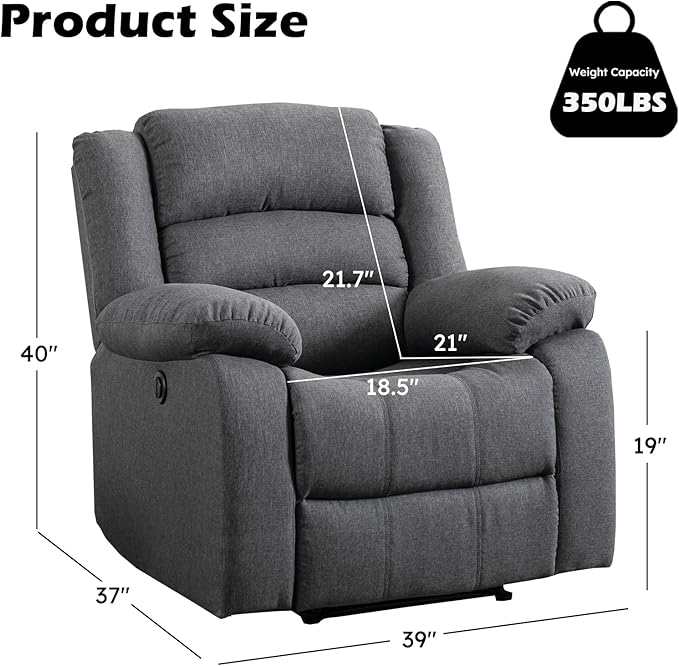 EBELLO Classic Power Recliner Chair, Oversized Electric Reclining Chair with Overstuffed Cushion and Back, Soft Fabric Adults Single Recliner Sofa for Living Room, Set of 2 Grey-Ruum Studio Home