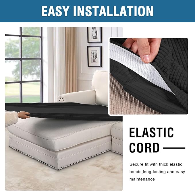 H.VERSAILTEX Super Stretch Individual Chaise Cover Sectional Couch Covers for L Shaped Sofa Both Left/Right Featuring Thick Jacquard Textured Twill Fabric (1 Piece Chaise Cover, Black)-Ruum Studio Home