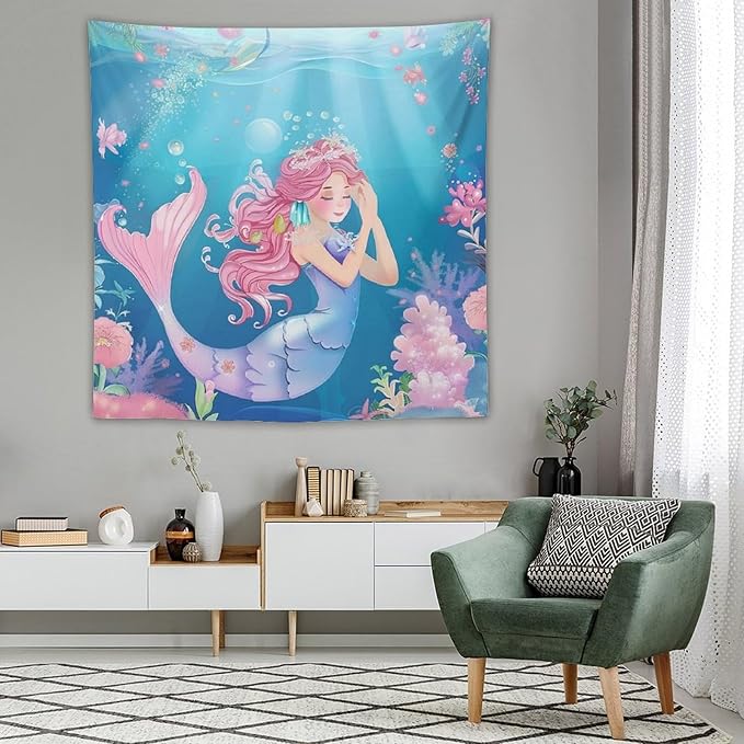 HZOHNAGO Mermaid Girls Tapestry Watercolor Flowers Mermaid Princess Blessing Pattern for Kids Room Decoration Printed Wall Tapestry Wall Hanging for Bedroom Living Room Dorm 60" W x 60" H-Ruum Studio Home