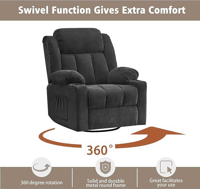 Rocker Swivel Recliner Chair for Adults, Overstuffed Large Manual Recliner Glider with Massage and Heat, Comfy Soft Fabric Living Room Reclining Sofa Chair (Black Fabric)-Ruum Studio Home