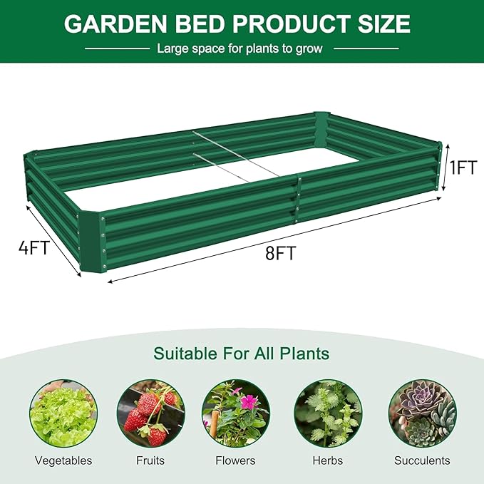 Land Guard 2 Pack 8×4×1ft Galvanized Metal Raised Garden Bed, Metal Planter Kit Box Outdoor for Deep-Rooted Vegetables, Flowers, Green and Herbs (Green)-Ruum Studio Home