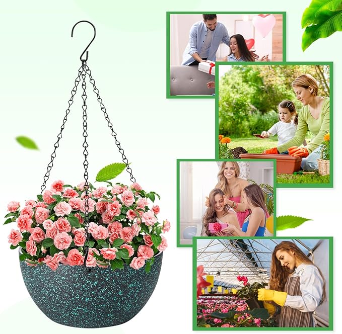 12 inch Hanging Planters for Indoor Plants, 2 Pack Planters for Outdoor Plants with Drainage Holes and Chain, Round Plastic Hanging Baskets, Hanging Flower Pots for Balcony Garden Decor-Black Speckle-Ruum Studio Home