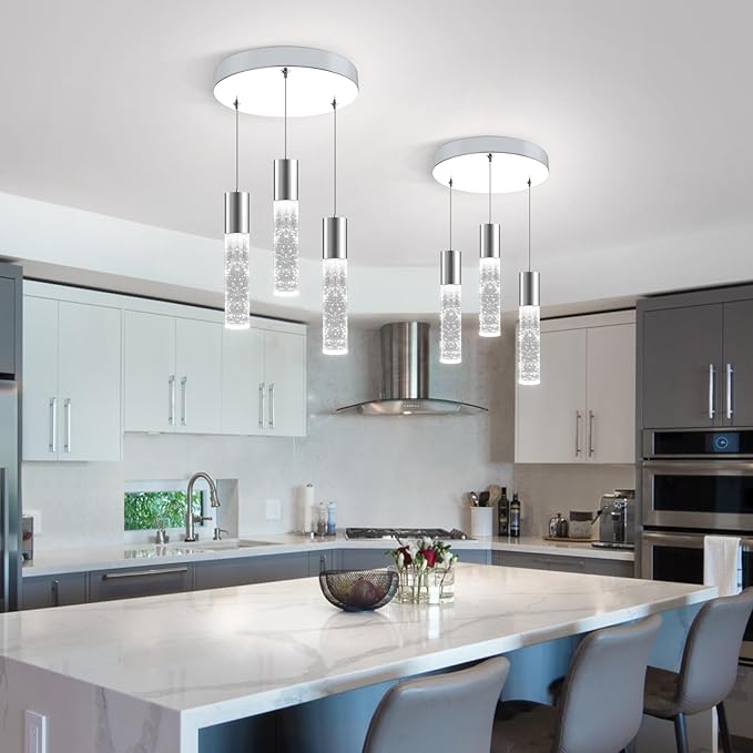 OKELI Smart Dimmable LED 3-Light Pendant Light for Kitchen Island, 18W 1350LM Modern Bubble Crystal Island Light Fixture with TUYA App & Voice Control, Adjustable 3000K-6000K, Electro-Chrome, Round-Ruum Studio Home