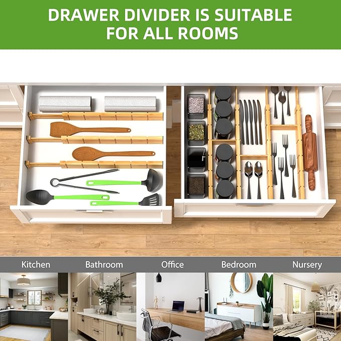 ANTOWIN 4 Pack Expandable Drawer Dividers, 2.2'' High, Extend from 17'' to 22'', Dresser Drawer Organizers, Bamboo Separators for Kitchen, Bedroom, Office, Bathroom, with 12 Pack Divider Inserts-Ruum Studio Home