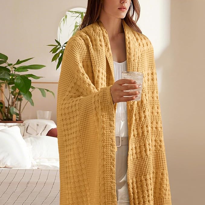 PHF 100% Cotton Waffle Weave Throw Blanket, Soft Lightweight Breathable Cozy Summer Throws for Couch Bed Sofa, Luxury Aesthetic Woven Blanket for Home Decor & Office, 50"x60", Ginger/Honey Yellow-Ruum Studio Home