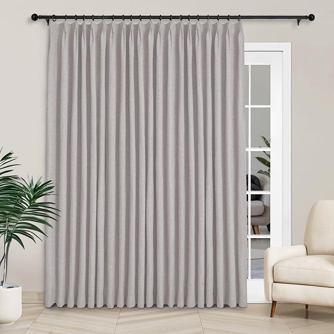 Macochico 100”Wx96”L Pinch Pleated 100% Blackout Linen Curtains Thermal Sliding Curtains for Bedroom Living Room Sliding Glass Door Farmhouse Shabby Chic Browish Grey Drapery with Tieback 1 Panel-Ruum Studio Home