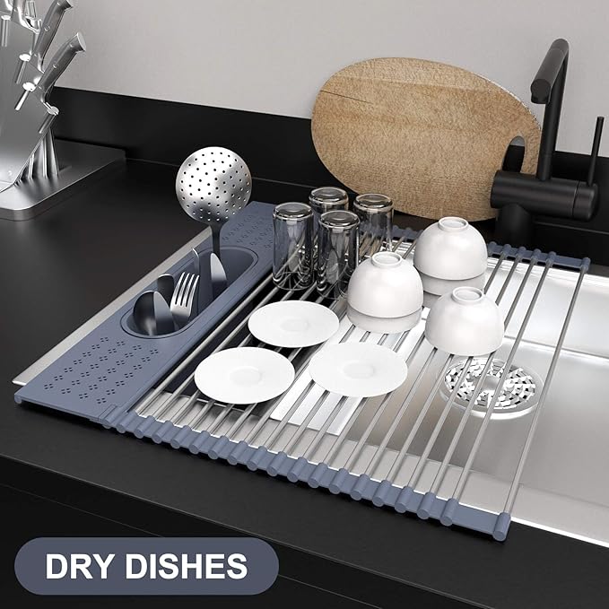 LEMIKKLE Roll Up Dish Drying Rack 17.5" x 15.2" Over The Sink Dish Drying Rack, Multi-Purpose Kitchen Rolling Dish Drainer Foldable SUS 304 Stainless Steel Dish Drying Rack-Ruum Studio Home