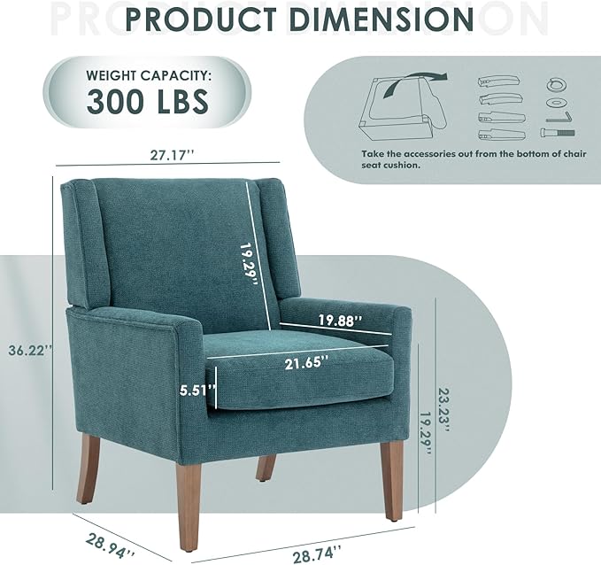 COLAMY Modern Wingback Living Room Chair, Upholstered Fabric Accent Armchair, Single Sofa Chair with Lounge Seat and Wood Legs for Bedroom/Office/Reading Spaces, Teal-Ruum Studio Home