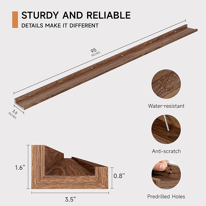 Floating Picture Ledge Shelves for Wall Set of 2, 95 Inches Picture Ledge Shelf with Long Large Nursery Book Shelf for Toys Storage Kids Bookshelf Wall Mounted Living Room Bedroom Decor Frames, Walnut-Ruum Studio Home