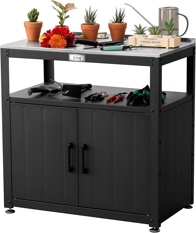 Garden Potting Bench with Storage Cabinet,Outdoor Gardening Table & Work Bench for Plants, Horticulture,Outdoor Workstation with Stainless Steel Tabletop,Outdoor Work Table-Ruum Studio Home