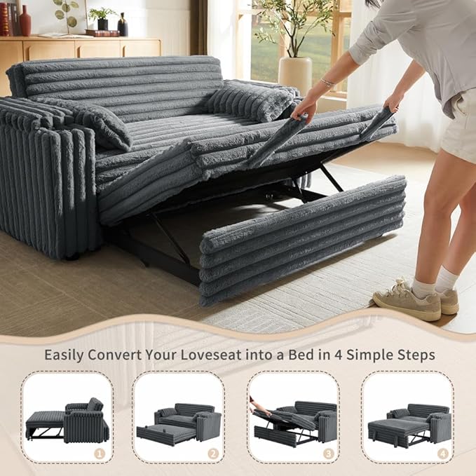 68.11" Corduroy Convertible Sofa Bed with USB Charging Port, Foldable Sleeper Chair with Pillows & Armrests, 3-in-1 Floor Couch for Living Room, Bedroom, Guest Room – Dark Gray-Ruum Studio Home