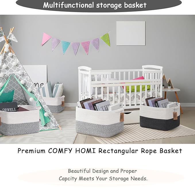 COMFY-HOMI 3-Pack Cotton Rope Woven Basket with Handles for Shelves, Book, Cloth Basket|Dog Toy Basket for Organizingy|13.5" x 11" x 9.5" for Bedroom（White/Grey）-Ruum Studio Home