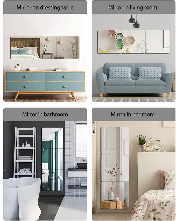 Unbreakable Full Length Wall Mirror,The Door Mirror,4Pack 16''x16'',Acrylic Kids Shatterproof Plexiglass Long Mirrors for Bedroom Closet,Children Non Glass Stick on Mirrors-Ruum Studio Home