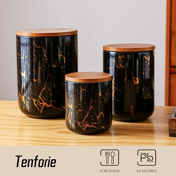 Ceramic Canister Set with Bamboo Airtight Lids, 3-Piece Kitchen Storage Jars (48oz, 30oz, 12oz) – Black with Gold Marble Pattern, Glossy Finish, for Coffee, Sugar, Flour & More-Ruum Studio Home
