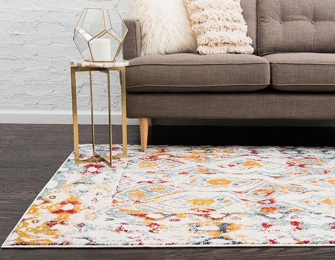 Unique Loom Rosso Collection Vintage, Geometric, Bohemian, Traditional, Distressed, Southwestern Area Rug, 5' 0" x 8' 0", Multi/Ivory-Ruum Studio Home
