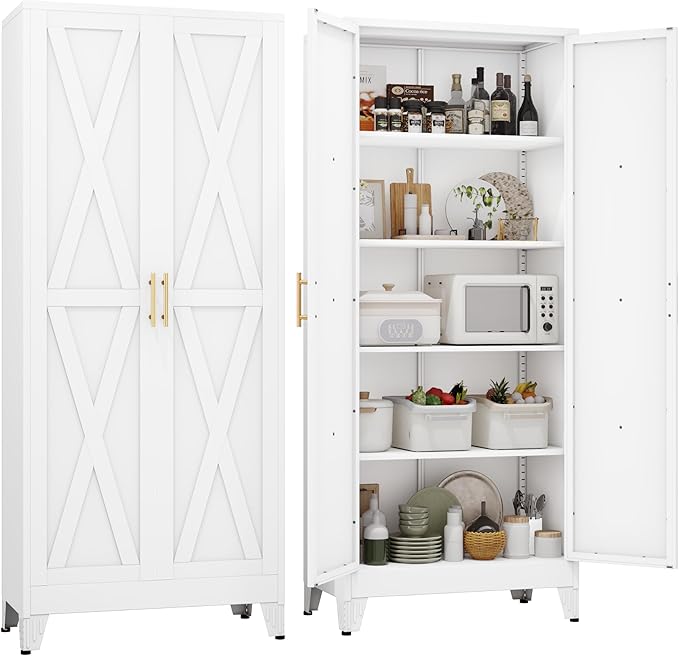 71" H Metal Kitchen Pantry Storage Cabinet, Freestanding Cupboard with 2 Doors and 4 Adjustable Shelves, Standing Storage for Kitchen, Bathroom, Garage, Dinning Room or Utility Room（White）-Ruum Studio Home