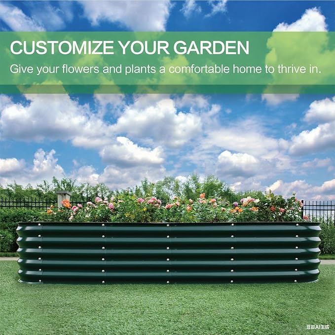 Gardmax Galvanized Raised Garden Bed, Lightweight Planter Boxes Outdoor with Easy Assembly, Large Garden Bed for Vegetables, Fruits, Flower Dark Green 8FT-Ruum Studio Home