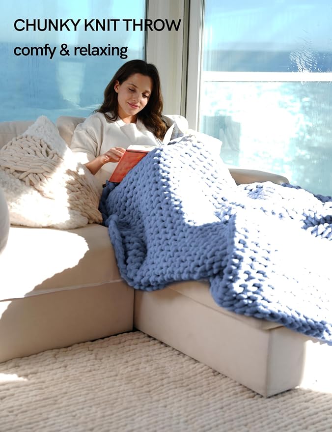 YnM Chunky Throw Blanket, Medium-Weight, Hand Knitted with Chenille Yarn, Skin Friendly, Ventilated and Breathable, Machine Washable, Home Décor Piece for Couch Sofa and Bed (Chambray Blue 40x50 Inch)-Ruum Studio Home