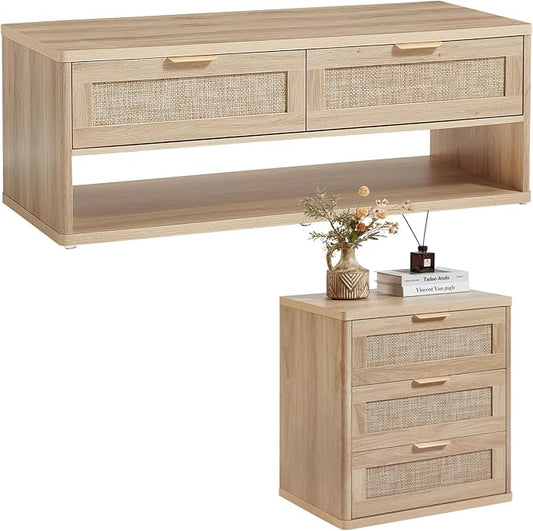 LEYAOYAO Boho Rattan Coffee Table and End Table Sets, 48" Wide Center Tables & 23" Night Stand with 3 Drawers, Natural Wood Coffee Table for Living Room 2 Piece Set-Ruum Studio Home