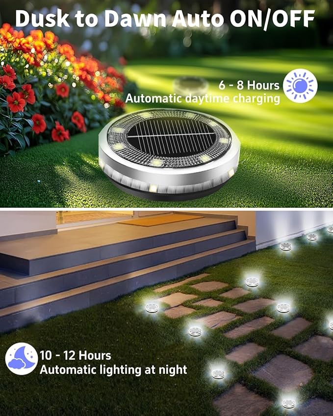 Solar Ground Lights Outdoor 12 Pack Waterproof Upgraded Flat Solar Garden Lights with 4 Side Light Stainless Steel Solar Powered Disc Light for Walkway Pathway Landscape Lawn Yard - Cool White-Ruum Studio Home