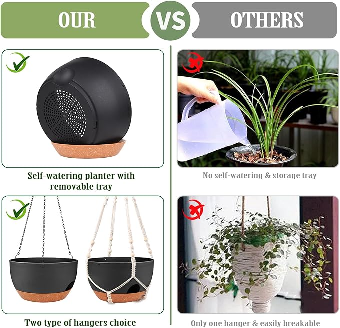 Hanging Planters for Outdoor Indoor Plants, 2 Pack 12 Inch Hanging Basket Plants Outdoor, Self Watering Hanging Planter with Plant Hanger for Garden Home Decoration (2 Type Plant Hangers Black)-Ruum Studio Home