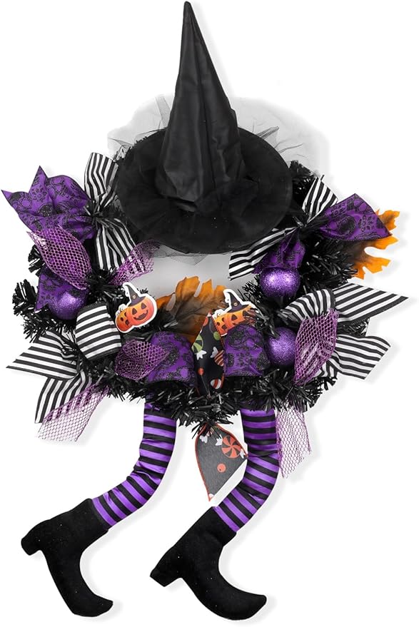 Happy Halloween Wreath for Front Door Decoration with Skeleton Artificial Bone Orange Ornaments Maple Leaf for Party Decor (Halloween Purple)-Ruum Studio Home