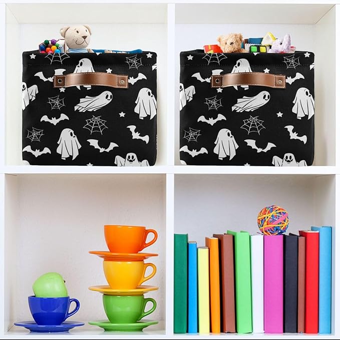Collapsible Storage Basket Bin Happy Halloween Organizer Cube with Handle, Canvas, Black-Ruum Studio Home