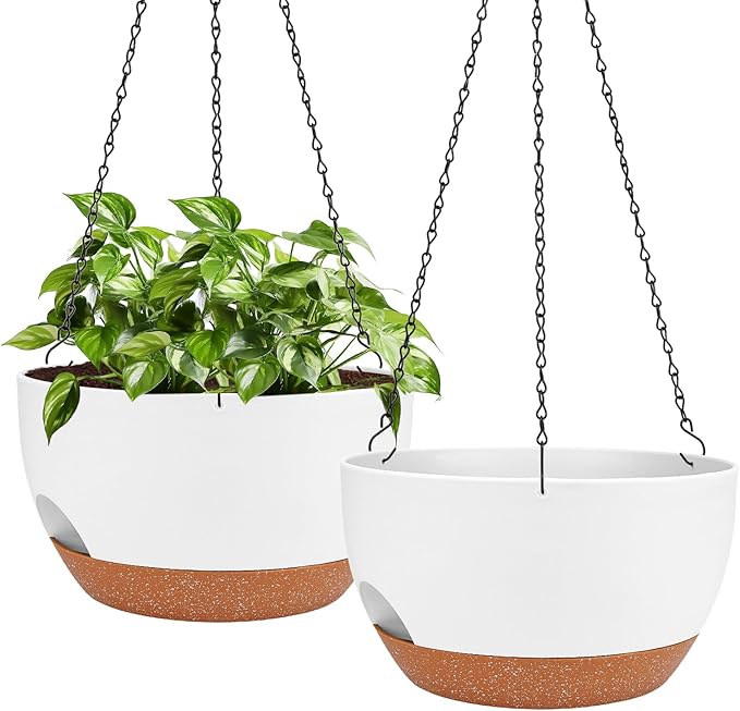Hanging Planters for Outdoor Indoor Plants, 2 Pack 12 Inch Hanging Basket Plants Outdoor, Self Watering Hanging Planter with Plant Hanger for Garden Home Decoration (White)-Ruum Studio Home