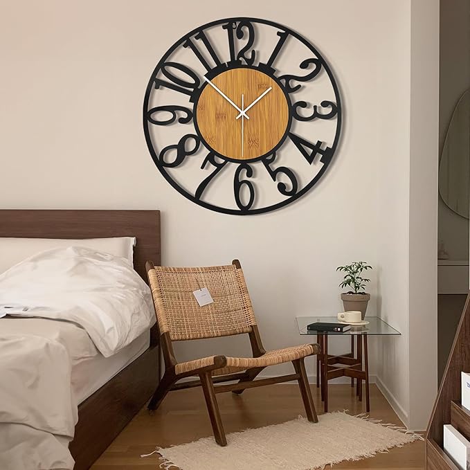 LEIKE 30" Oversized Large Wall Clocks,Silent,Non Ticking,Battery Operated Modern Round Big Wood Decorative Metal Wall Clock for Living Room, Bedroom,Kitchen,Farmhouse,Office Decor - Black,30 Inch-Ruum Studio Home