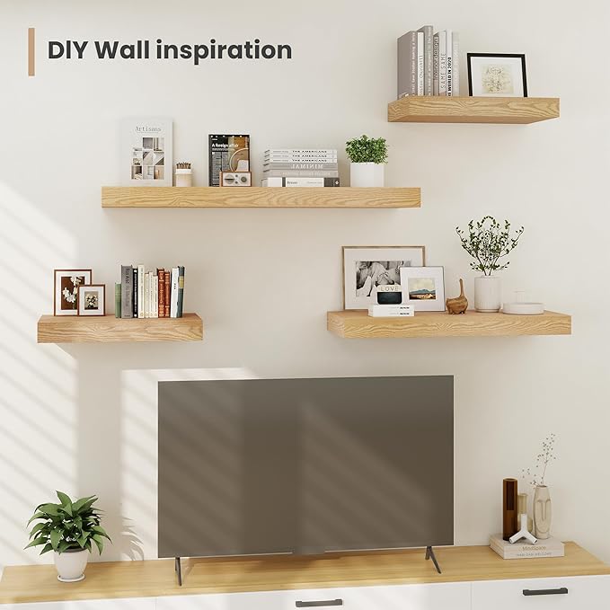 Heimlove 12 Inch Deep Floating Shelves, 48 x 12 inches Long Wall Shelf, Large Display Shelf & Storage Shelf, Rustic Wood Wall Shelves for Fireplace Mantel, Set of 2(Oak)-Ruum Studio Home