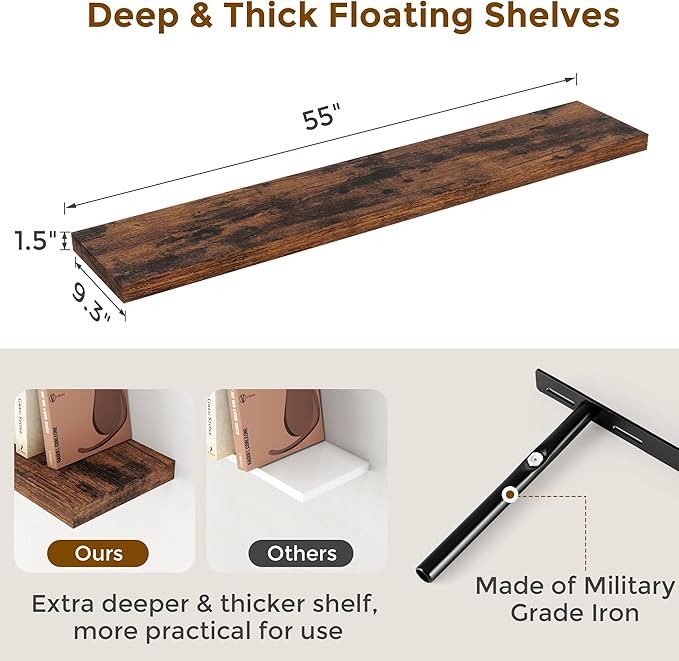 Floating Shelves 55 Inch Long, 55"W x 9"D Wall Shelf Invisible Bracket, 9 Inch Deep Floating Shelf for Wall, Rustic Wooden Shelves for Living Room, Kitchem, Bedroom, Rustic Brown Color, Set of 1-Ruum Studio Home